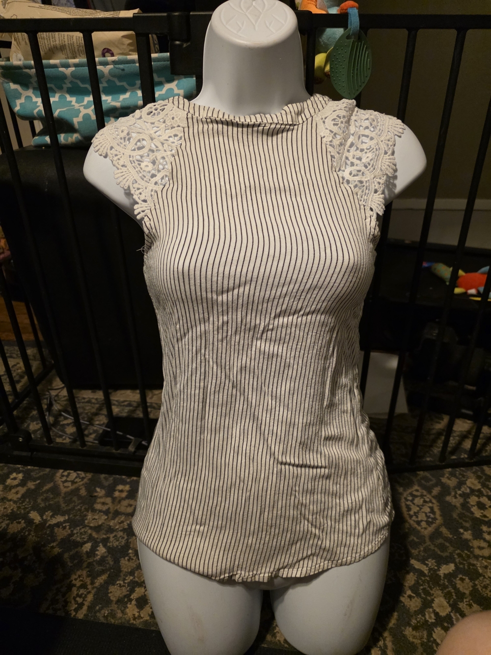 Maurices Cream and Black Striped Lace Shoulder Tank